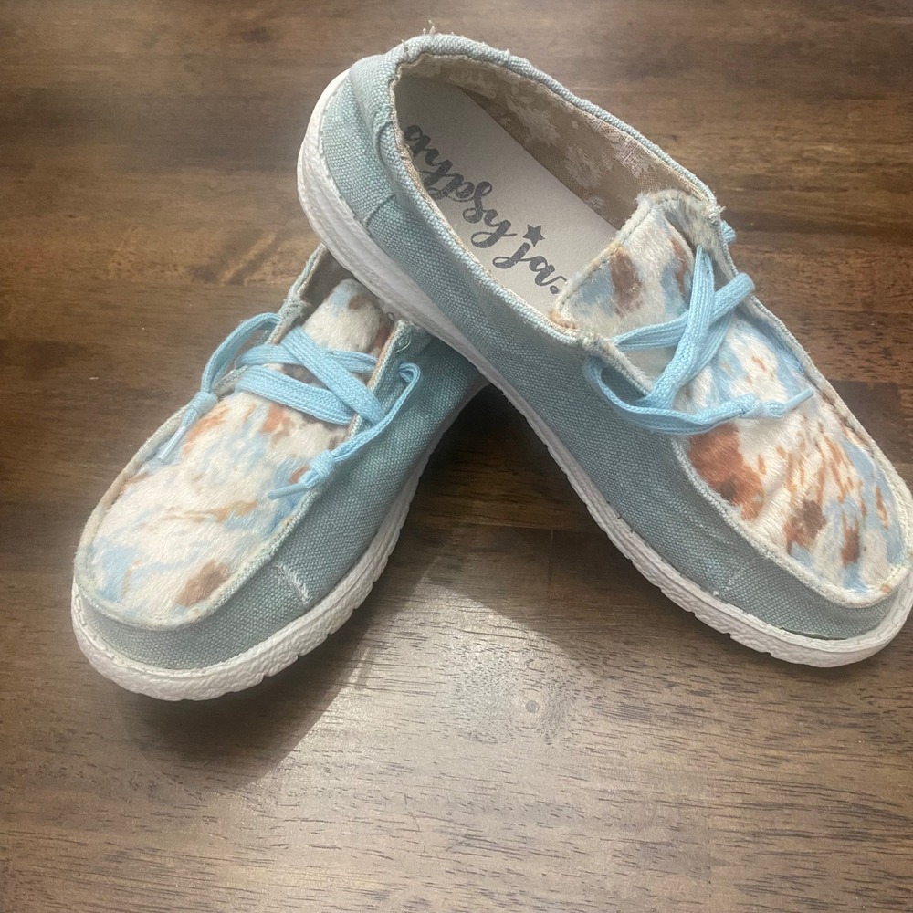 Gypsy Jazz Women Blue Canvas Cowhide Print Faux Fur Slip On Loafers Shoes